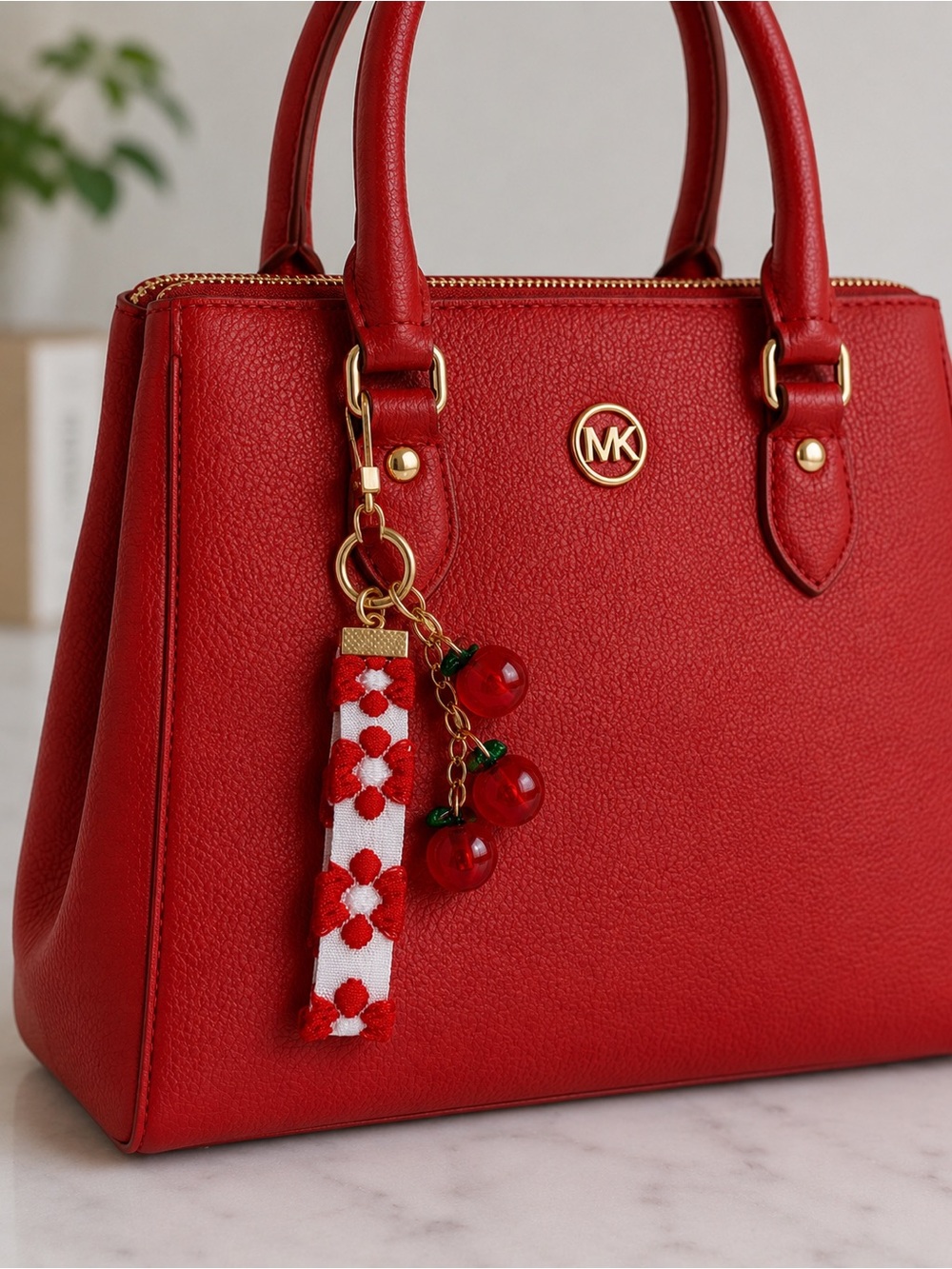 Red Cherry Charm Keychain with Floral Wristlet